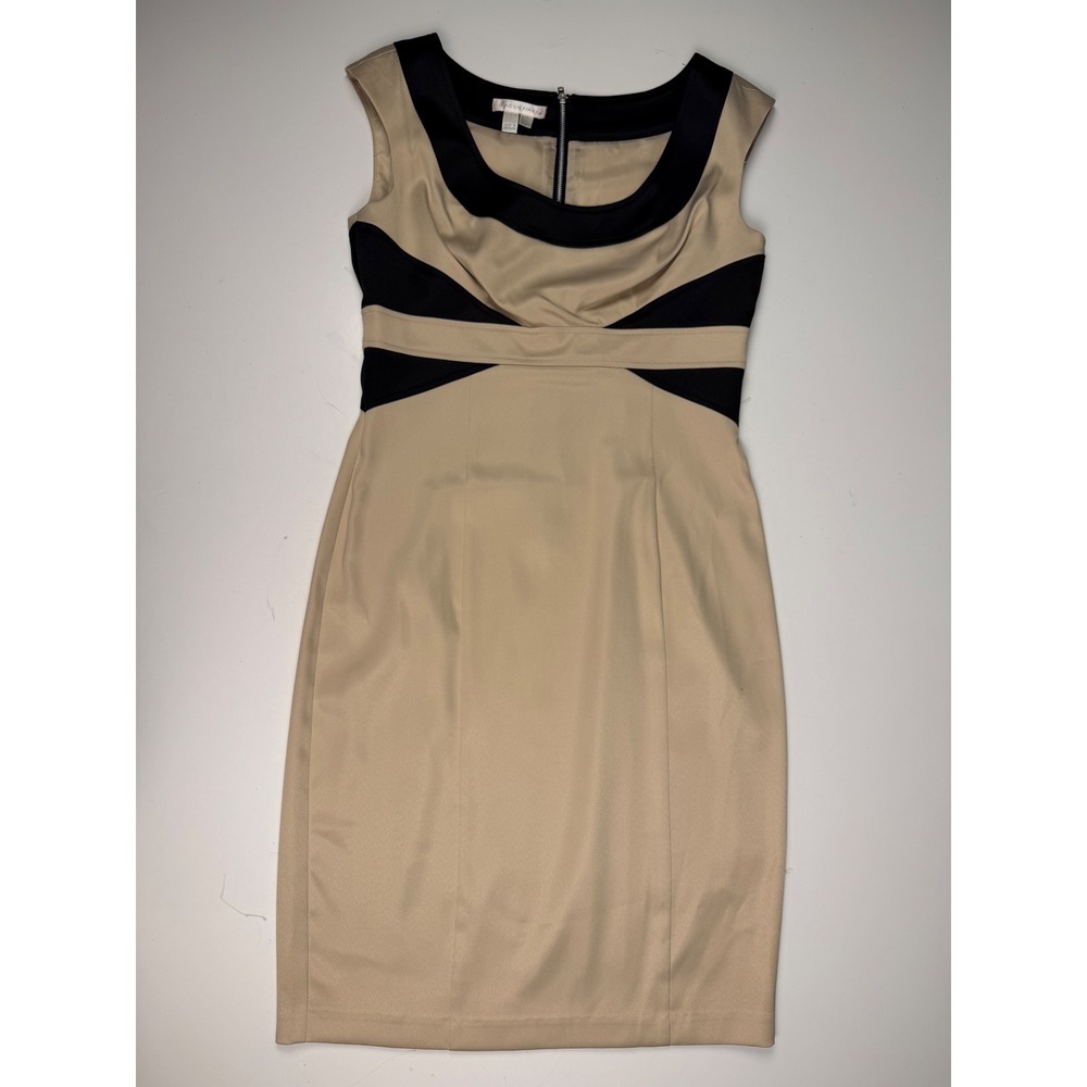 London Times Tan Black Colorblock Sleeveless Sheath Dress Size 8 Office Cocktail